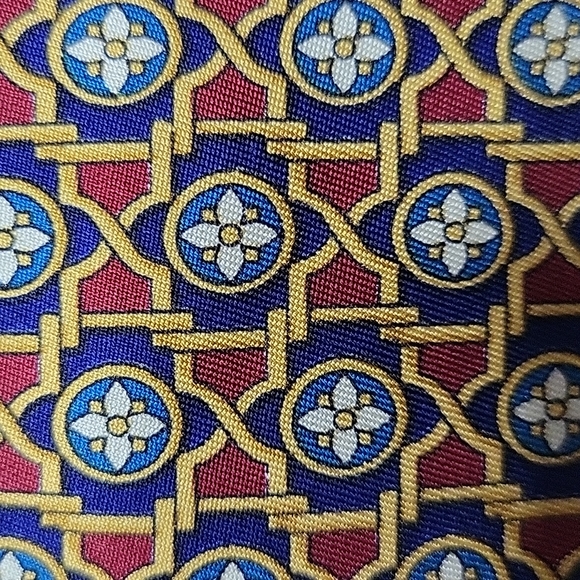 SULKA Dark Red Blue Yellow Print Silk Neck Tie - Picture 8 of 8